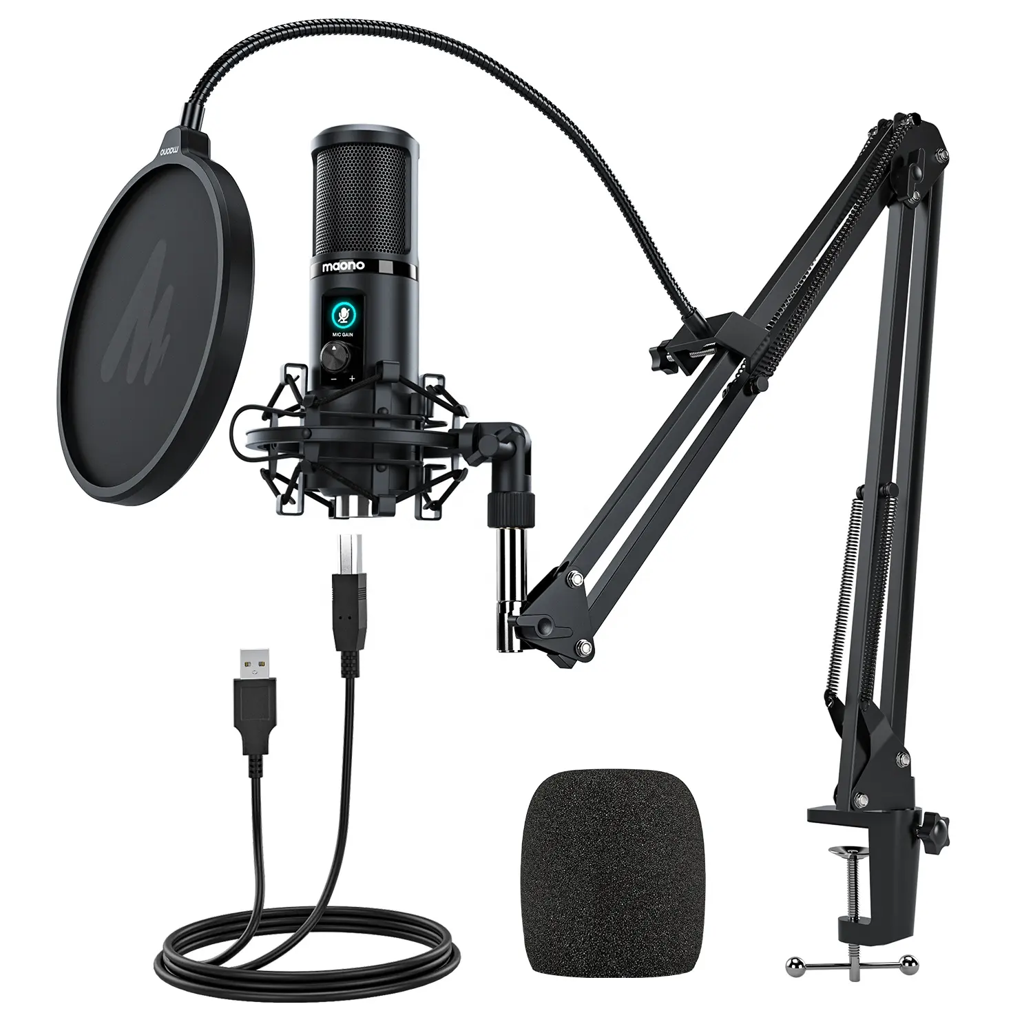 Maono dia.16mm microfone de estúdio, kit de microfone de estúdio para gravação bm 800 condensador com microfone de ganho usb