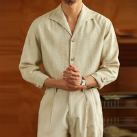 Kemeja Pria Linen Campuran Khusus Kasual Lengan Panjang Kerah Kancing Warna Solid V-Neck Kemeja Bisnis untuk Pengantin Pria