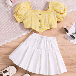 Conjunto de 2 Piezas para Niñas, Top Corto con Mangas Abullonadas a Cuadros y Falda Plisada, <span class=keywords><strong>Ropa</strong></span> de Verano para Niños, Venta al Por Mayor, Compatible con OEM y ODM - Product Image 3