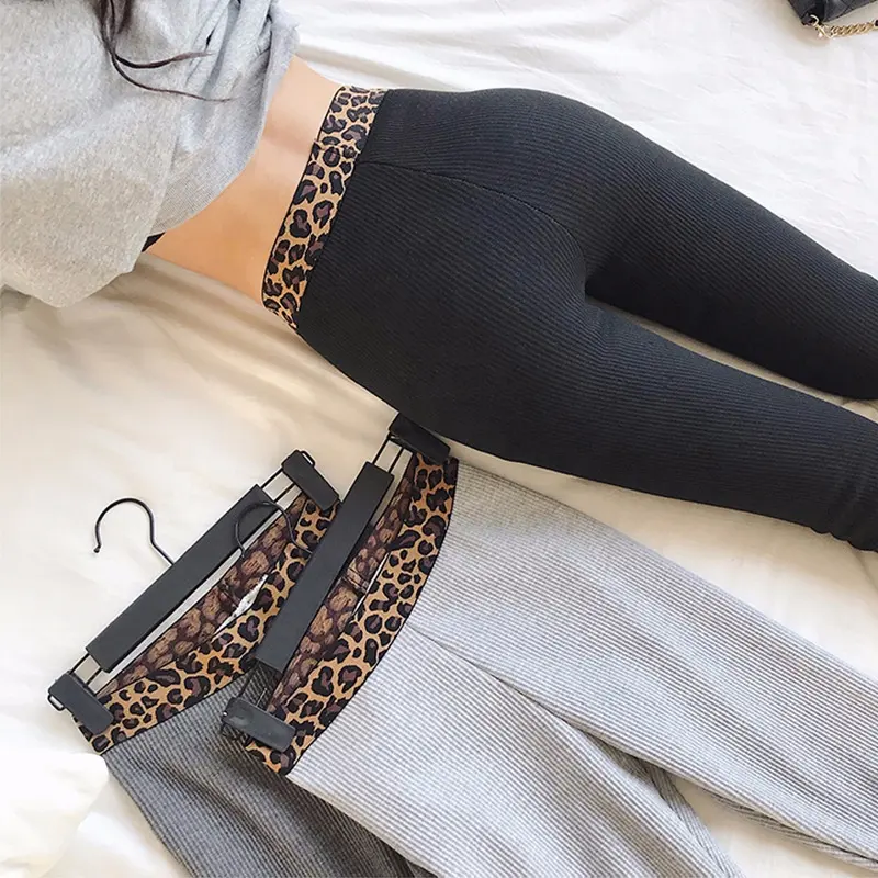 High-waisted leopard leggings wear elastic cotton vertical stripes on all sides in spring. Nine-point pants for women
