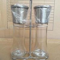 Meilleure vente de moulin à poivre réglable 2 en 1 de 180ml 6OZ en acier inoxydable Lot de 2 moulin à sel et à poivre manuel en verre avec support
