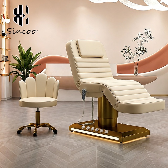Manufacturer High Quality Electric Facial Spa Bed Full Gold Stainless Steel with Foot Control Tattoo Bed Beauty Massage Bed