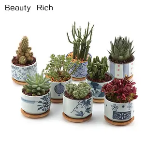 3 Inch Ceramic Succulent Planter Pots with Bamboo Tray Set of 8, Japanese Style Porcelain Handicraft as Gift for Mom Sister Aunt