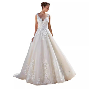 <b>Lace</b> Fitted Wedding Dress Round Neck Open Back <b>White</b> Elegant Forest Style Natural Waistline - Product Image 4