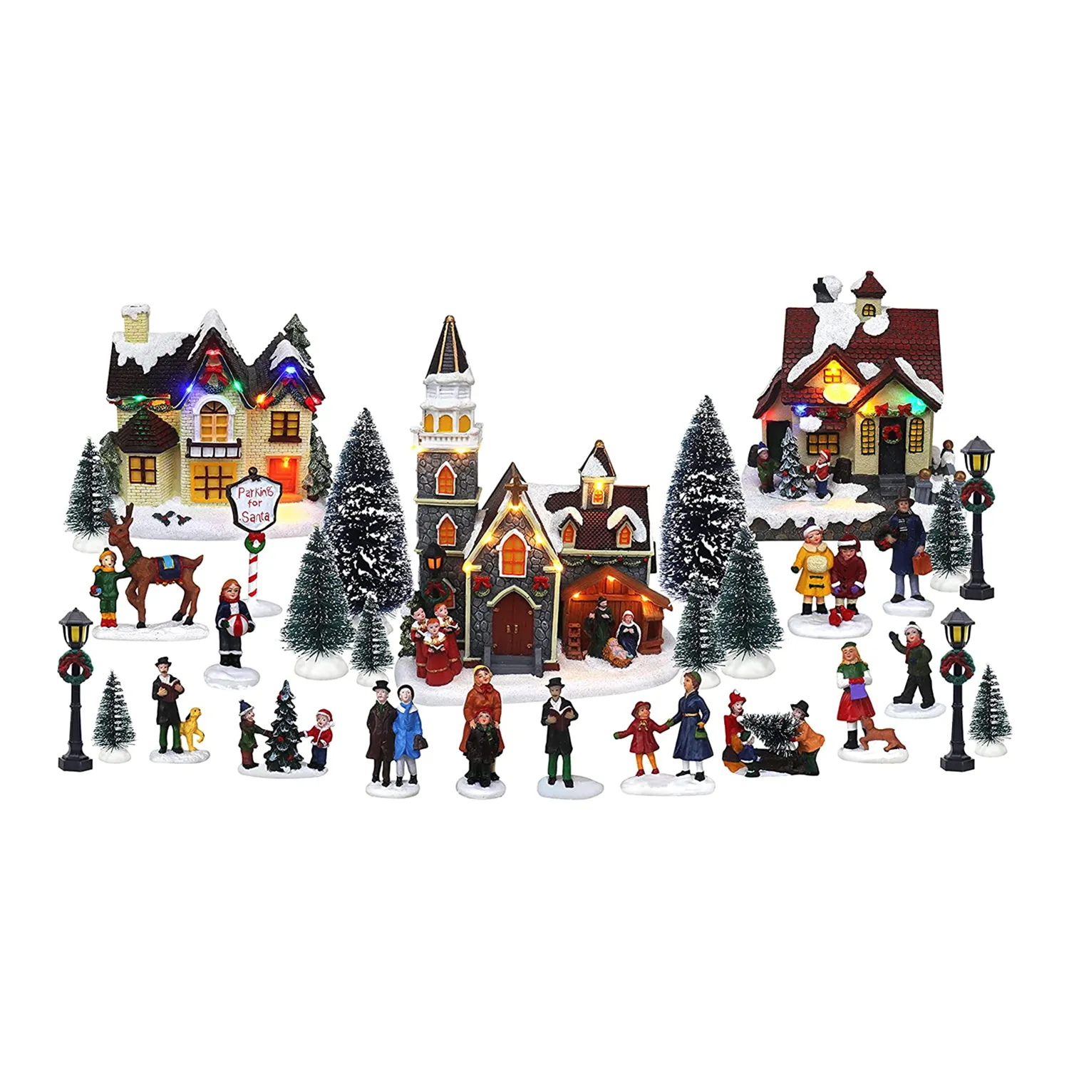 LED Christmas Village Sets: Lighted Village Houses Xmas Tree Street Christmas Doll Figurines Accessories Town Lit Building
