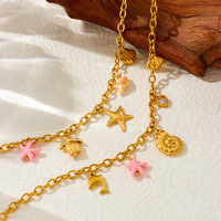 Moda de acero inoxidable 18K chapado en oro enlace estrella de mar Concha delfín colgante mujeres gargantillas collar elementos marinos en forma de corazón