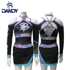 Custom design manica lunga strass cheerleader sublimazione a buon mercato sexy girl cheerleading cheer uniform cheerleader wear