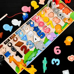 Montessori wooden busy board animals math magnetic fishing puzzle building blocks count number shape match game