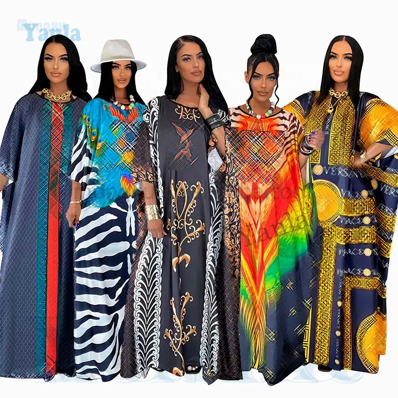 Famous Brand Muslim Long Dress Loose Casual Beach Dress Designer Print Women's Thin Round Neck Bat Sleeve Maxi Dress