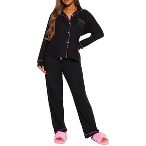 OEM Custom Printing V-Neck Solid Color Long-Sleeved Long Pants Woven <strong>Thermal</strong> Summer Pajamas Women's Sleepwear Two-piece Set - Product Image 2