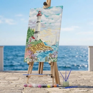 <span class=keywords><strong>Pintura</strong></span> Acrílica Personalizada DIY Pintada a Mano, Clásica y Moderna, con Faro y Flores junto al Mar, Fácil de Pintar por Números, Marco Cuadrado, Ecológica - Product Image 1