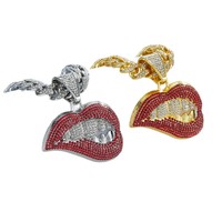 Collier chaîne cubaine en alliage de zinc avec pendentif lèvres roses en strass, style Hip Hop, finition argentée, en stock, vente en gros