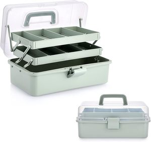 XinyiArt Caja de Almacenamiento de Plástico de 3 Capas con Separadores Ajustables, Organizador de Manualidades, Caja de Herramientas Plegable con Asa Portátil - Product Image 1