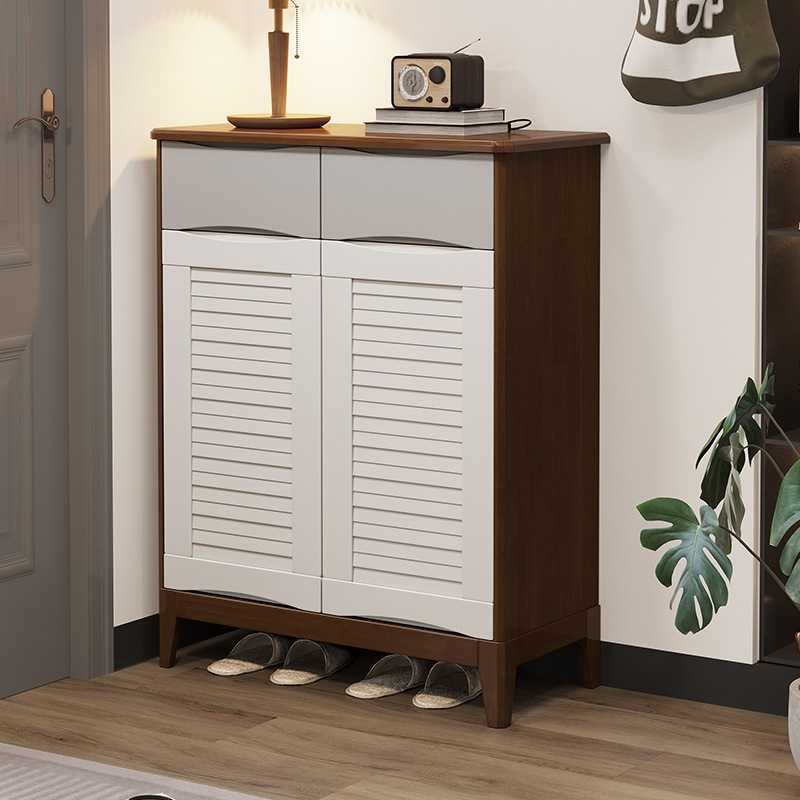 Two doors, two drawers [walnut, white, and gray]