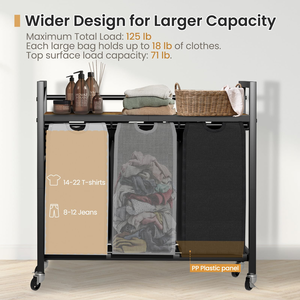 Laundry Hamper 3 Section Rolling Laundry <b>Basket</b> Organizer with 2 Storage Drawers and <b>Large</b> Desktop - Product Image 3