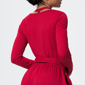 2 Piece <b>Yoga</b> <b>Set</b> V Neck Long Sleeve Self-Tie Wrap Crop Top High Waist Drawstring Shorts Solid Color Breathable Spandex Polyester - Product Image 6