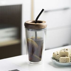 Copo de Vidro Borossilicato Reutilizável de 370ml com Tampa de Vidro e Canudo, Feito à Mão, Isolado, em Promoção - Product Image 1