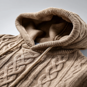 男式厚实电缆针织套头衫连帽衫毛衣超大棉羊毛混纺冬季针织衫，带袋鼠口袋 - Product Image 4