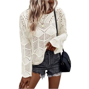 Women's <b>Crochet</b> Sweater Hollow Out Lightweight Crew Neck <b>Long</b> <b>Sleeve</b> Casual Pullover Knit <b>Top</b> Summer Breathable 180g - Product Image 1