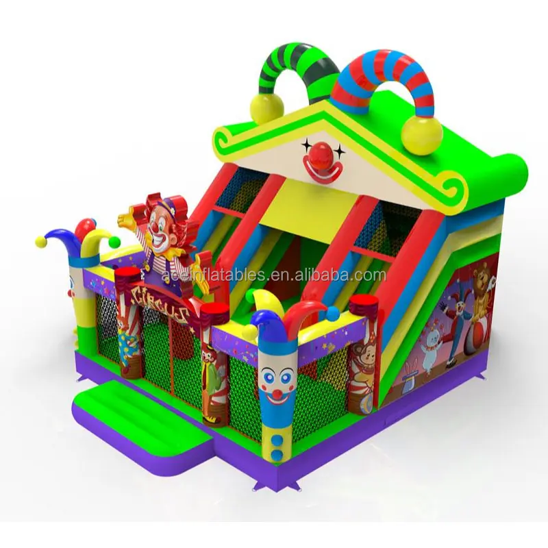 Commerciële Kinderen Amusement Outdoor Springkasteel Met Glijbaan Leuke Stad Carnaval Circus Clown Thema Opblaasbare Speeltuin