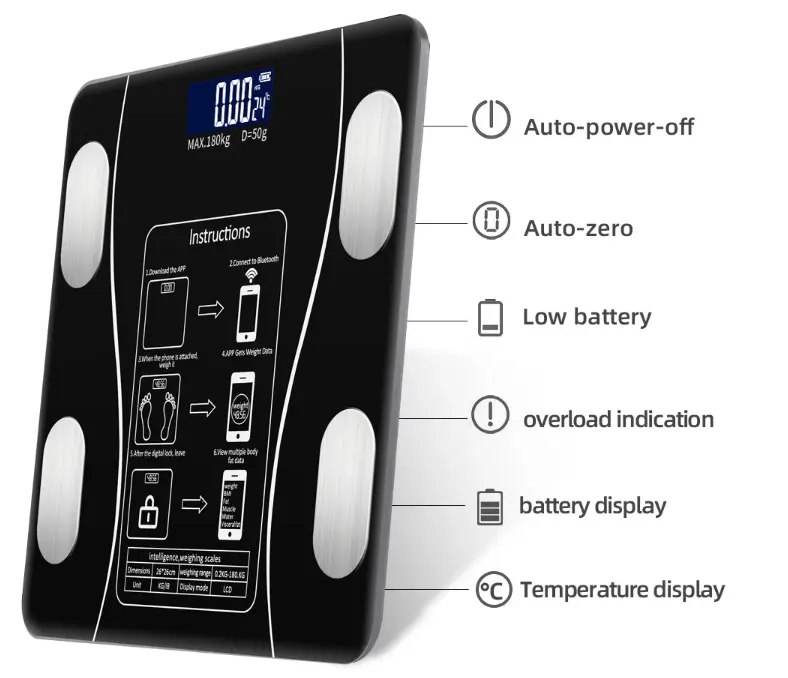 Balance de salle de bain avec écran LCD Balance de graisse corporelle Bluetooth numérique personnelle Balance électronique Verre trempé Plastique ABS
