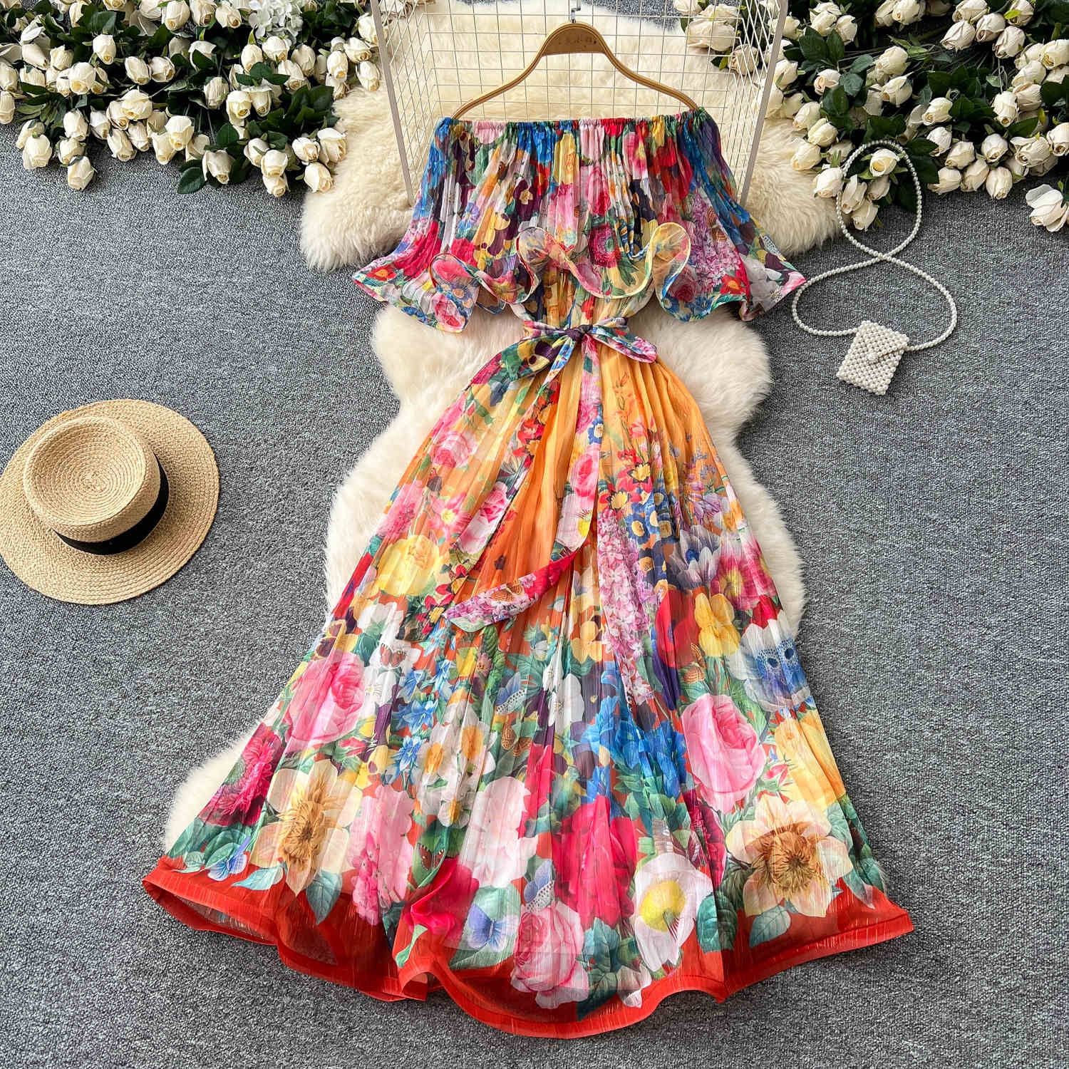 Vacation Style One Shoulder Ruffle Printed Dresses Women Spring Chiffon  Long Dresses| Alibaba.com