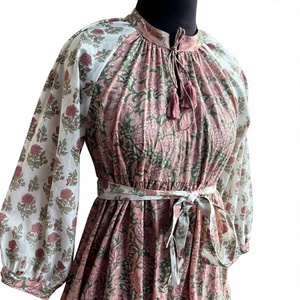 Vestido Maxi Casual Ecológico de Algodón 100% con Cuello Mao, Bordado Floral y Corte en A para Mujer, con Cinturón Decorativo, Ideal para Verano - Product Image 1