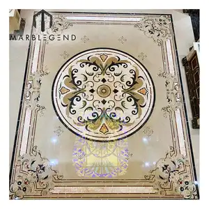 Custom square beige marble medallion waterjet inlay floor design for living room