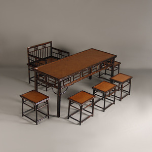 Ming Style Bamboo Rattan Tea <b>Table</b> Set Rectangular 6 Seater For Restaurant Study Use - Product Image 1