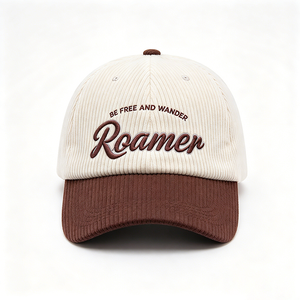 Casquette de baseball unisexe en velours côtelé bicolore, style vintage, broderie Roamer, douce, 6 panneaux, calotte beige, visière contrastante marron - Product Image 4