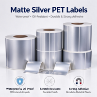 Étiquettes autocollantes personnalisées en PET argent mat, résistantes à l'eau et à l'huile, avec adhésif puissant, rouleau d'étiquettes en polyester à transfert thermique pour étiquettes d'identification des actifs