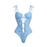 Maillot de bain vintage bleu rayé pour femme 2026, une pièce, à découpes, col en V, dos nu à nouer, avec armatures, pour les vacances