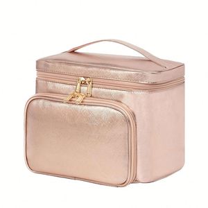 Luxury PU Leather <b>Makeup</b> <b>Case</b> Double Zipper Cosmetic Organizer with Front Pocket & Handle - Product Image 2