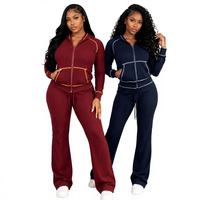 Ensemble de détente pour femme en tricot gaufré avec cardigan zippé à manches longues et pantalon, survêtement décontracté assorti, couleur unie, vente en gros