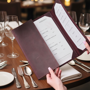 Cubierta de Menú de Cuero Genuino para Hotel, Estilo Retro, Tríptico, para Cafetería, <span class=keywords><strong>con</strong></span> Capacidad para Tres Páginas - Product Image 2