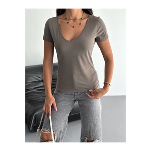 T-shirt en modal pour femme, col en V, coupe ajustée, manches courtes, haut décontracté basique, toutes saisons, couleur unie, respirant, tricoté - Product Image 5