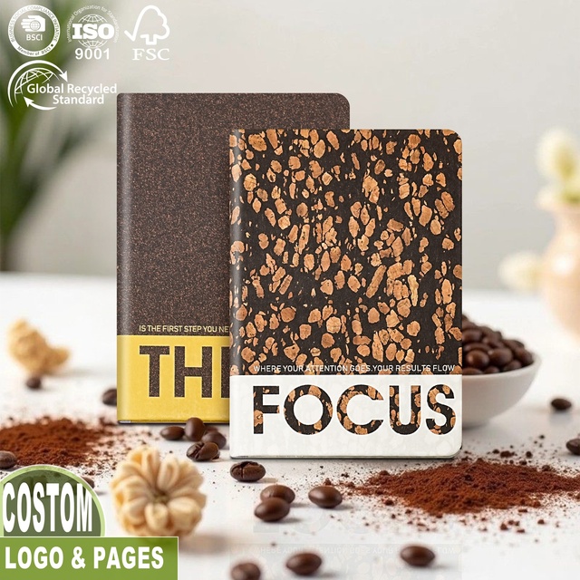 Eco-Friendly Notebook Coffee Grounds Tea Residue A5 Cover Hard Custom logo Recycled Journal With Soy Ink Printing