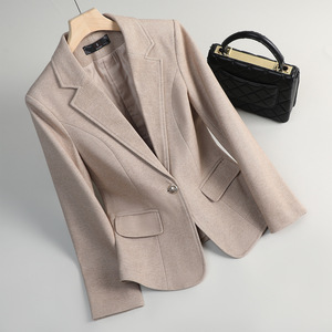 Women's Wool Blazer Khaki Solid Color One Button Anti-Wrinkle Casual Suit S Size - Product Image 1