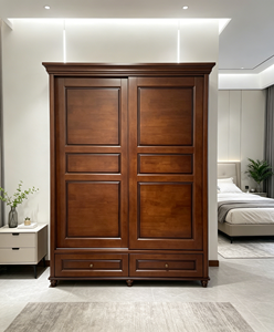 Armario Espacioso con Puertas Corredizas de Madera Maciza y Cajones, Armario de Almacenamiento de Ropa para Dormitorio, Estilo Retro Nogal - Product Image 5
