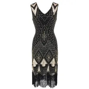 Vintage sequin fringes with deep V-neck front and back dresses are trendy beaded party tuxedos
