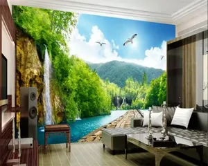 Papel pintado 3D moderno bosque cascada paisaje Mural amanecer montaña papel de pared sala de estar dormitorio estudio decoración Fresco