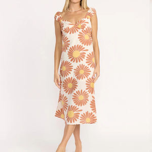 Vestido midi plisado con cuello en V, estampado, ajustado, de lino transpirable, personalizado, de fábrica, al por mayor, para playa - Product Image 4