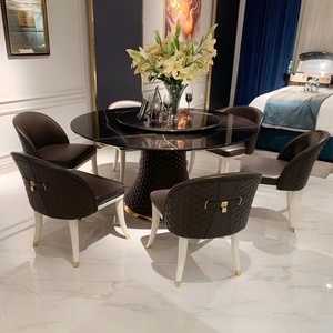 Juego de comedor de diseño Francés Italiano, sillas de comedor de cuero genuino de lujo modernas, mesa de comedor de mármol real con <span class=keywords><strong>Susan</strong></span> perezosa - Product Image 3