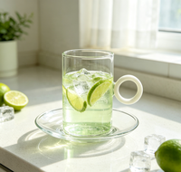 Ensemble de tasses à café en verre transparent avec anse blanche, soucoupe assortie, tasse en verre borosilicate résistante à la chaleur pour thé, latte, maison, café