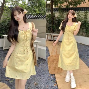 Yellow Floral Print Short Sleeve Dress Tie Neck Tummy Control Slim Fit Casual Daily Wear Women's Summer Dress - Product Image 1