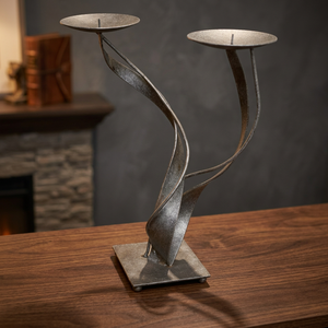 Vintage Twisted Ribbon Handmade Pillar Candle Holder Christmas Mid Century Modern Wrought Iron Brutalist Style Antiqued Silver - Product Image 6