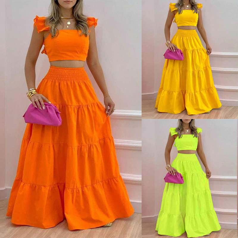 Y207025 plus size summer solid color skirt mid-waist large swing skirt trendy temperament commuter two-piece skirt suit