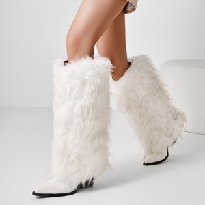Big Size 46 Women Chunky Heels Plush Fur <b>Long</b> Booties on Fluffy Knee High Boots Winter Furry Snow Wide Fit Shoes - Product Image 4