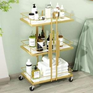 Gold Beauty Trolley With Lockable Wheels 3 Tiers Nail Spa Pedicure <b>Salon</b> Cart New Design for Hair <b>Salon</b> Use - Product Image 3
