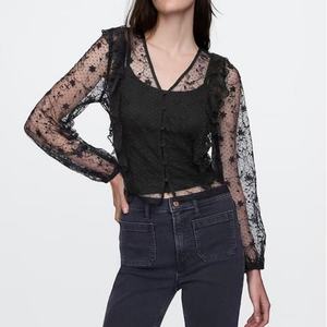 2025 New Wholesale <b>Black</b> Long Sleeve <b>Crochet</b> Slim Fit Elegant Western Women Sheer Mesh <b>Tops</b> - Product Image 1